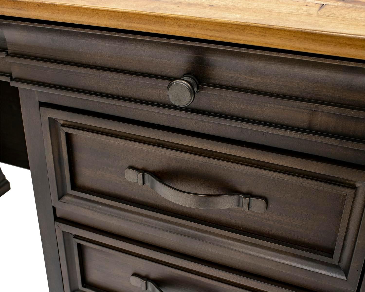Executive Credenza Desk Writing Table With Solid Wood Plank Top Brown