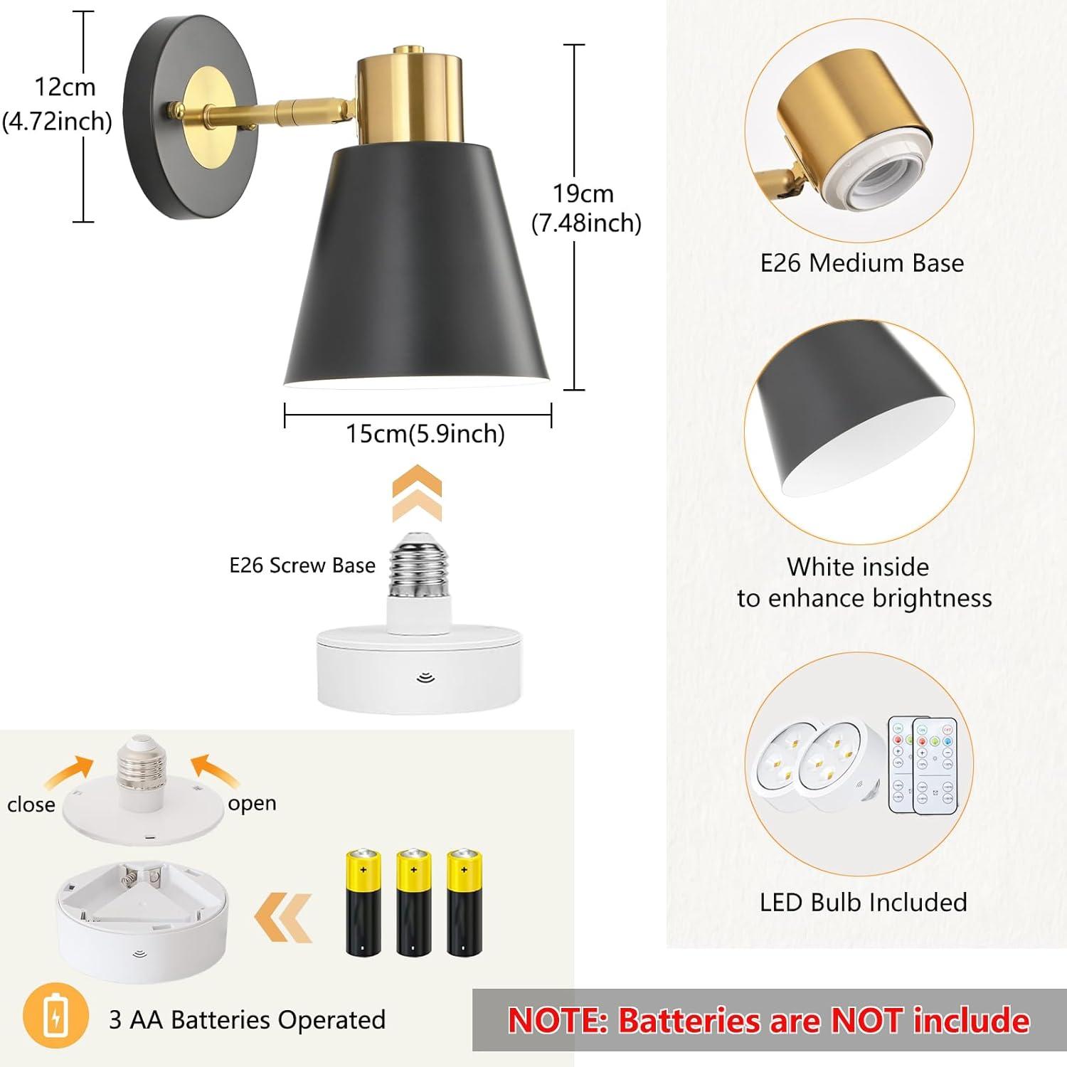 Battery Operated Wall Sconce Set of Two, Modern with Remote Control Dimmable Wall Lighting Indoor