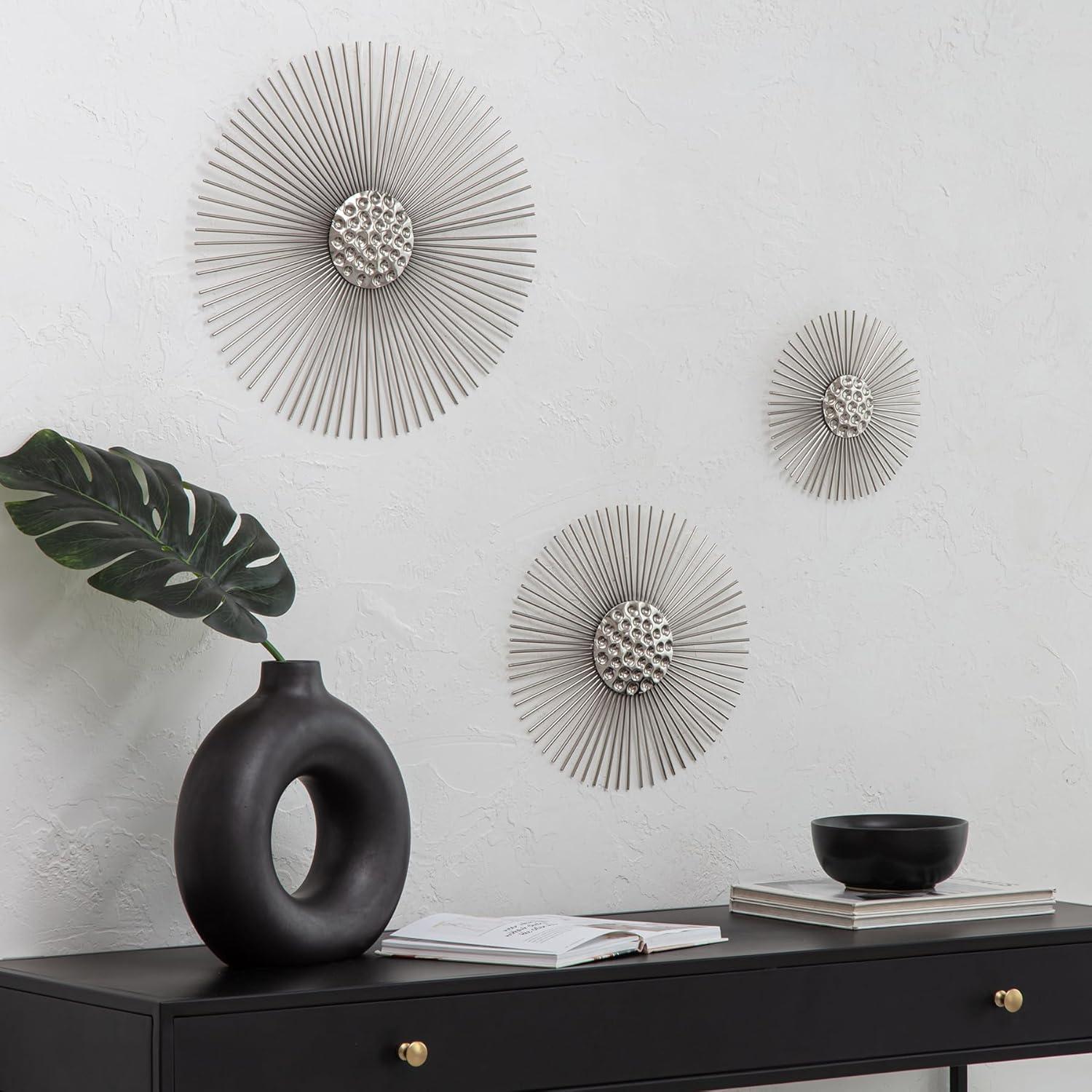 Brewster (Set of 3) Sola Silver Starburst Metal Wall Arts: Iron Sunburst Medallions, Modern Decor