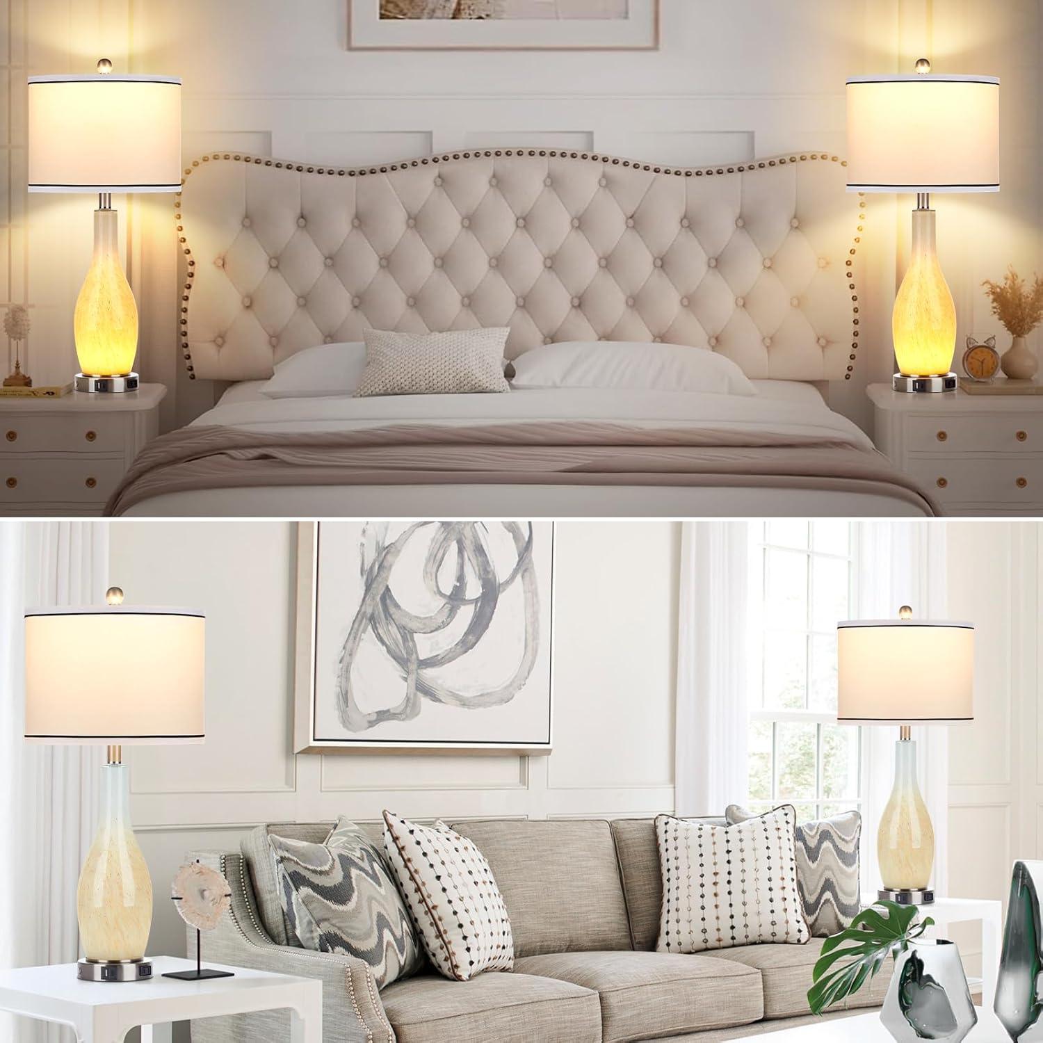 Ivy Bronx 27" Glass Table Lamps Set Of 2 With Nightlight, 3 Way Touch Control Modern Bedside Lamps With USB A+C Ports & AC Outlet, Boho Yellow Nightstand Lamps For Bedroom Living Room