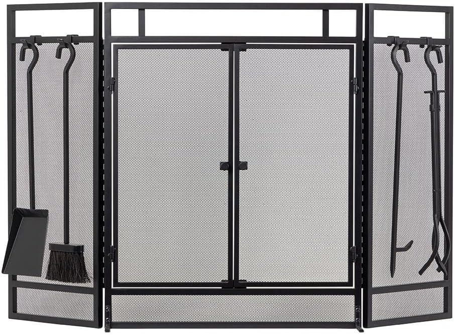 Country Living Pinecrest Mesh Fireplace Screen with Durable 3-Panel Steel Frame - Brass Handles