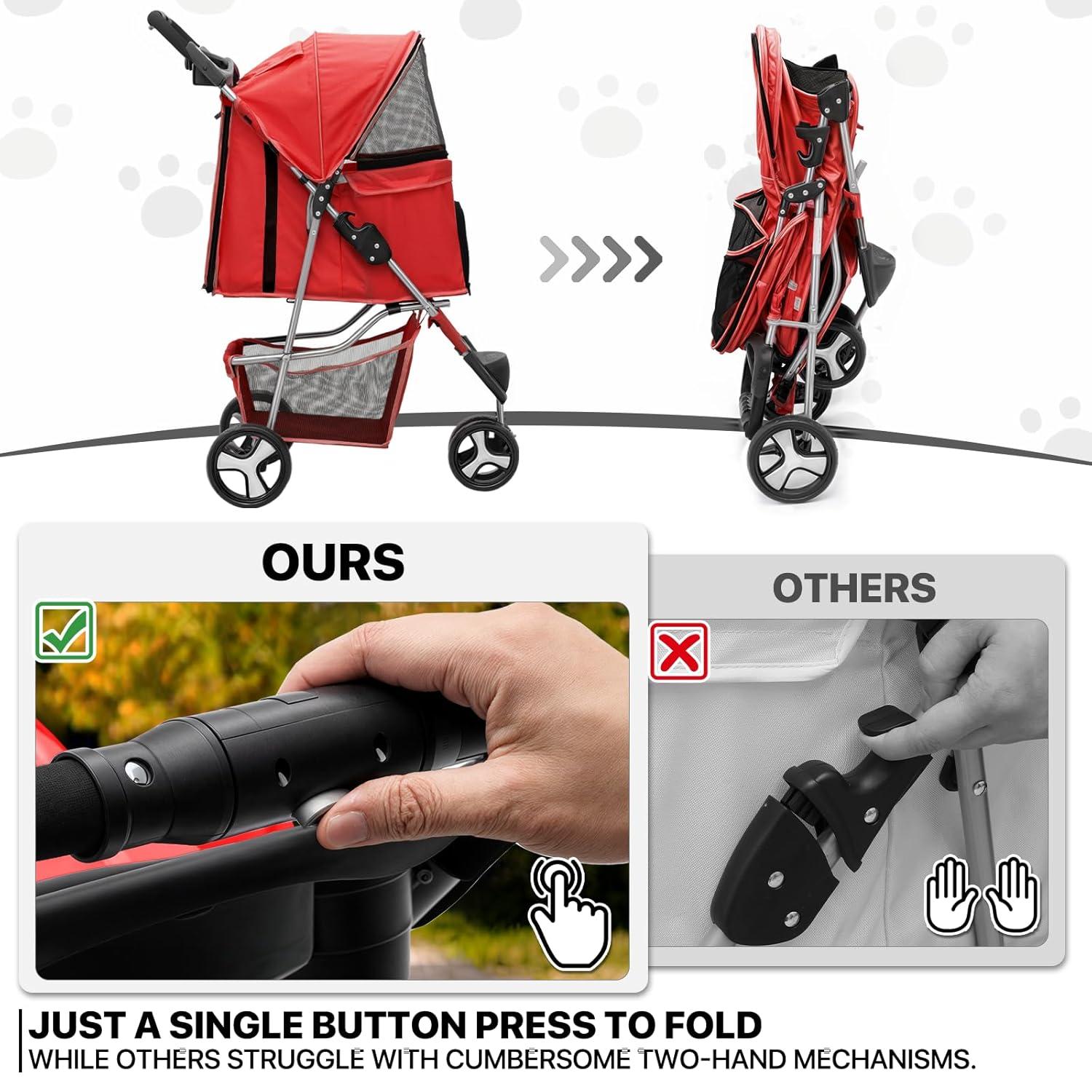 MoNiBloom 3 Wheel Folding Pet Stroller, Foldable Dog Jogger Stroller with Storage Basket, Cup Holder & Canopy