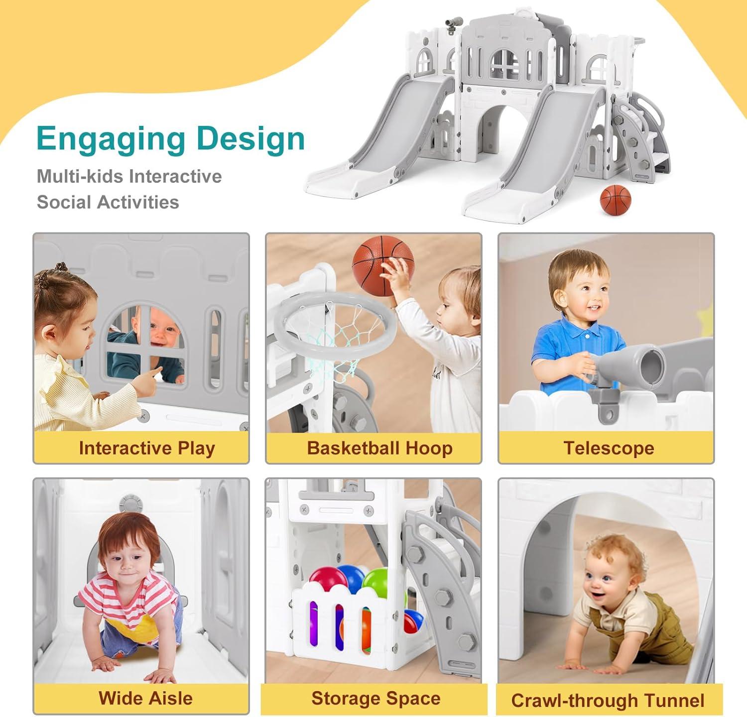 10 in 1 Toddler Slide, Age 1-3 with Swing, Basketball Hoop and Telescope, Kid Slide for Toddlers, Indoor Outdoor Playset Toddler Playground