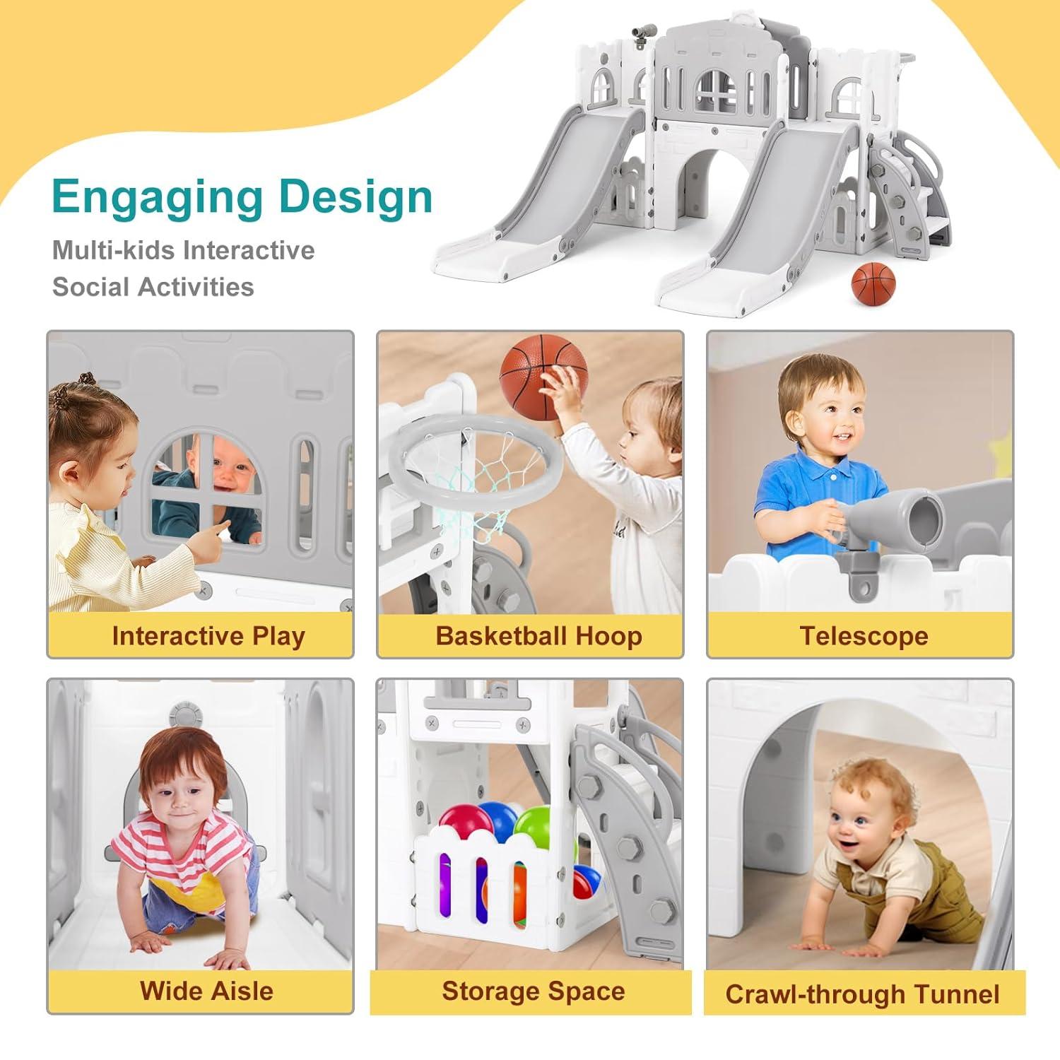 10 in 1 Toddler Slide, Age 1-3 with Swing, Basketball Hoop and Telescope, Kid Slide for Toddlers, Indoor Outdoor Playset Toddler Playground