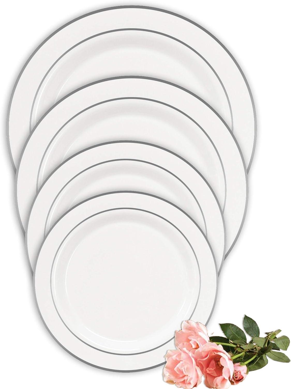 Party Essentials 12-Count Hard Plastic 9" Divine Dinnerware Disposable China Lunch/Dinner Plates, White with Silver Band