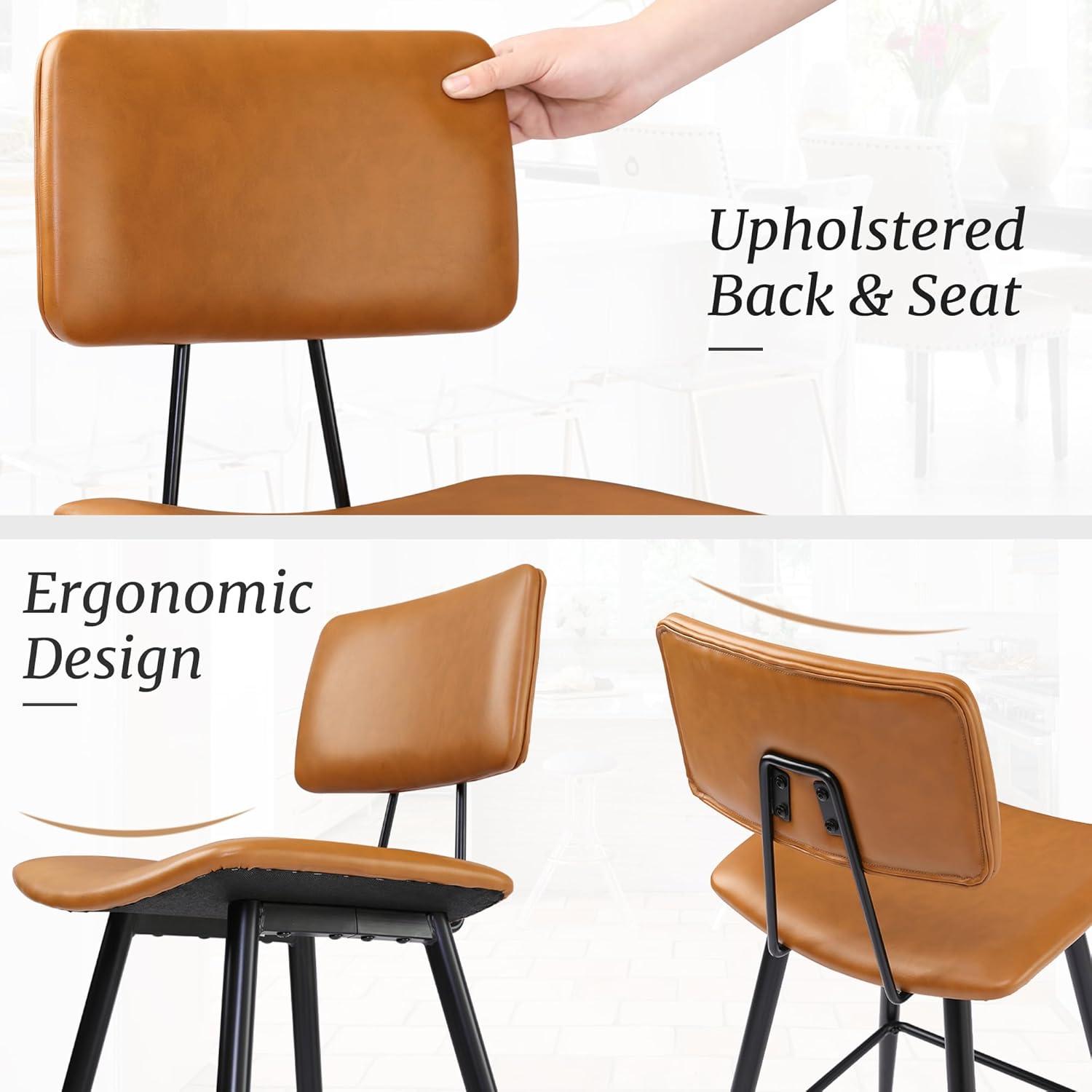 Dycanpo 24.5" Counter Height Bar Stools Set of 2, Faux Leather Upholstered Barstools, Brown