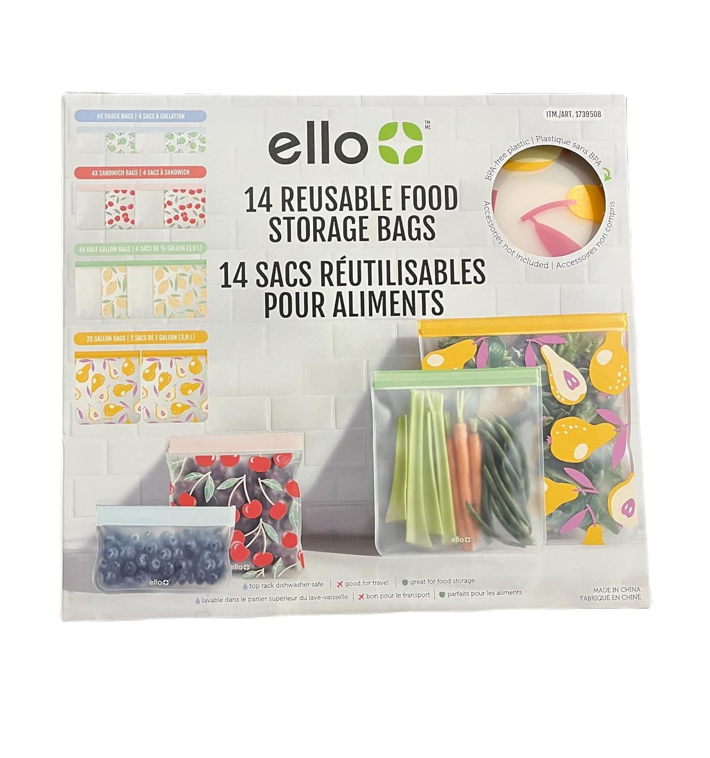 Ello 14 Reusable Produce Bags, Assorted Sizes (Snack, Sandwich, Half Gallon), Zipper Closure, PEVA Material, Multicolored, Leak Resistant, Dishwasher Safe