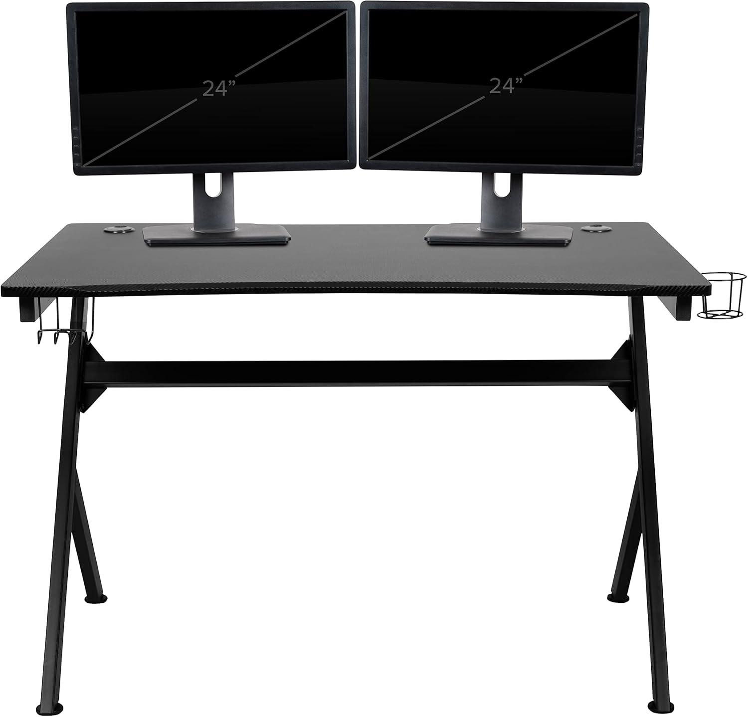Flash Furniture Black Gaming Desk and Black Footrest Reclining Gaming Chair Set with Cup Holder, Headphone Hook & 2 Wire Management Holes