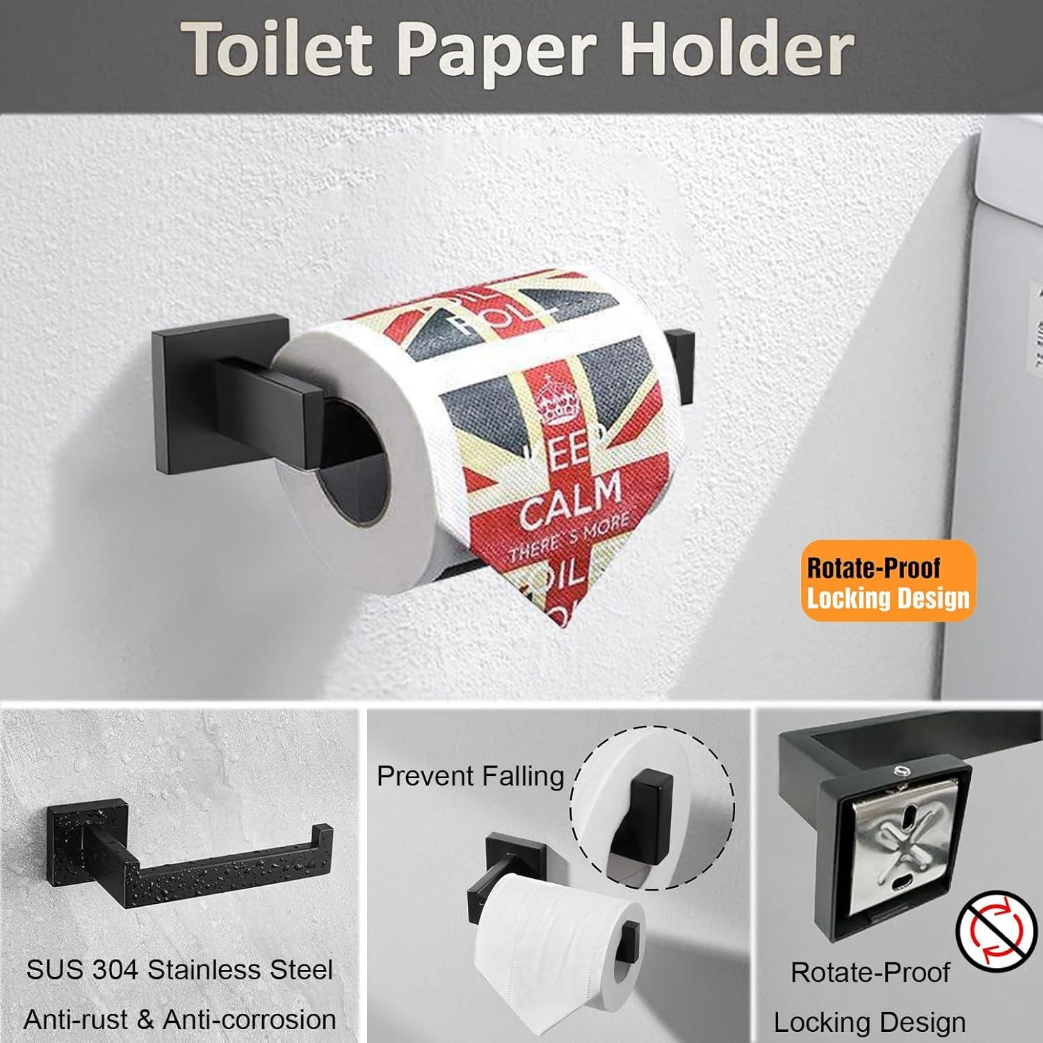 5 Pieces Square Matte Black Stainless Steel Bathroom Accessories Set Include 23.6 in Towel Bar, Toilet Paper Holder, Towel Ring, 2 Robe Towel Hooks