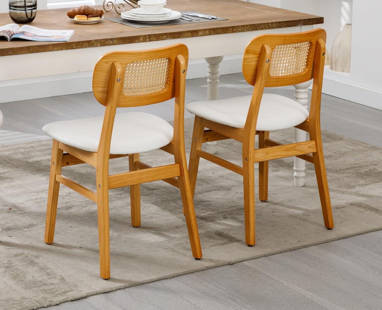 Upholstered Faux Leather Seat Rattan Back Dining Chair, Solid Wood Frame Side Chair For Living Room