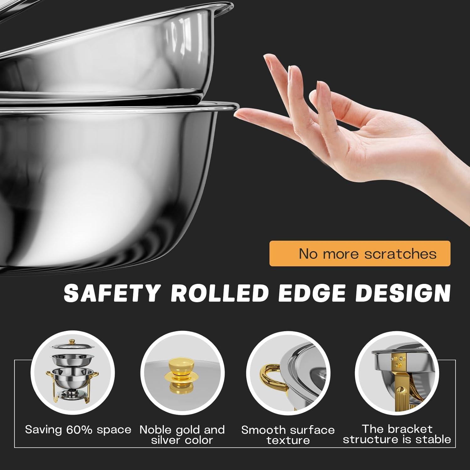 WhizMax Chafing Dish Buffet Set 2 Pack 5QT, Stainless Steel Round Chafing Dishes for Buffet with Lid Holder & Glass Lid, Gold