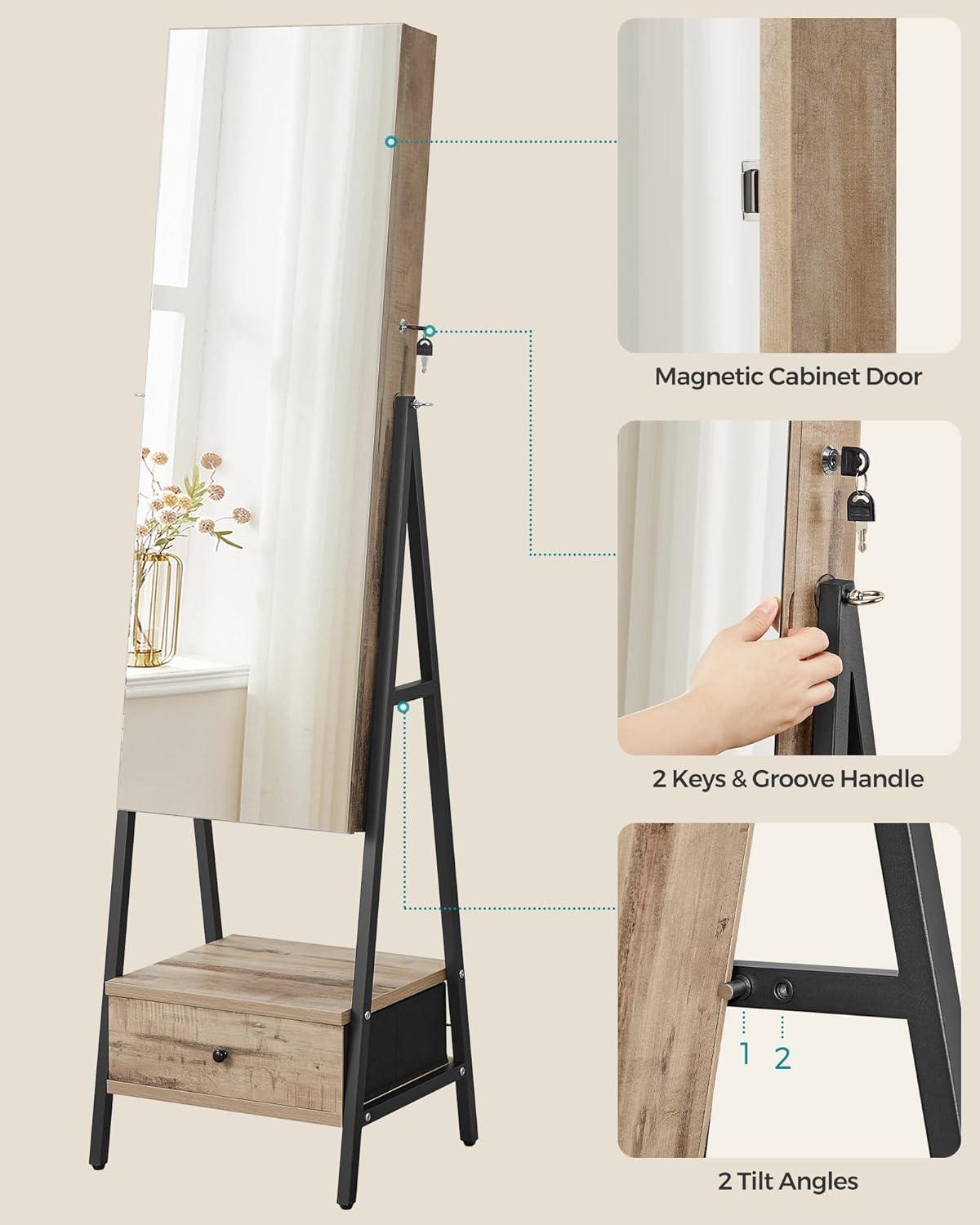 SONGMICS LED Mirror Jewelry Cabinet Standing, Lockable Jewelry Armoire with Full-Length Mirror, Space-Saving Jewelry Organizer with Mirror, Drawer and Shelf, Toasted Oak Color UJJC025N01