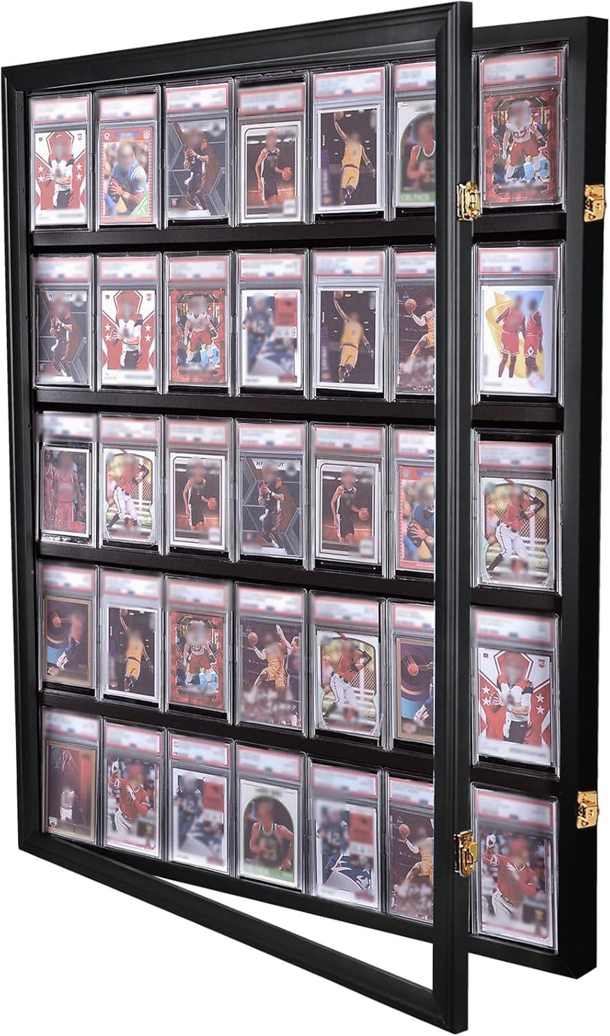 Estuche para Exhibición de Tarjetas Deportivas de 35 Grados: Marco de Exhibición de Tarjetas de Béisbol con Protección UV Gabinete de Pared con Cerradura Transparente para Tarjetas Coleccionables de Baloncesto Negro Vertical