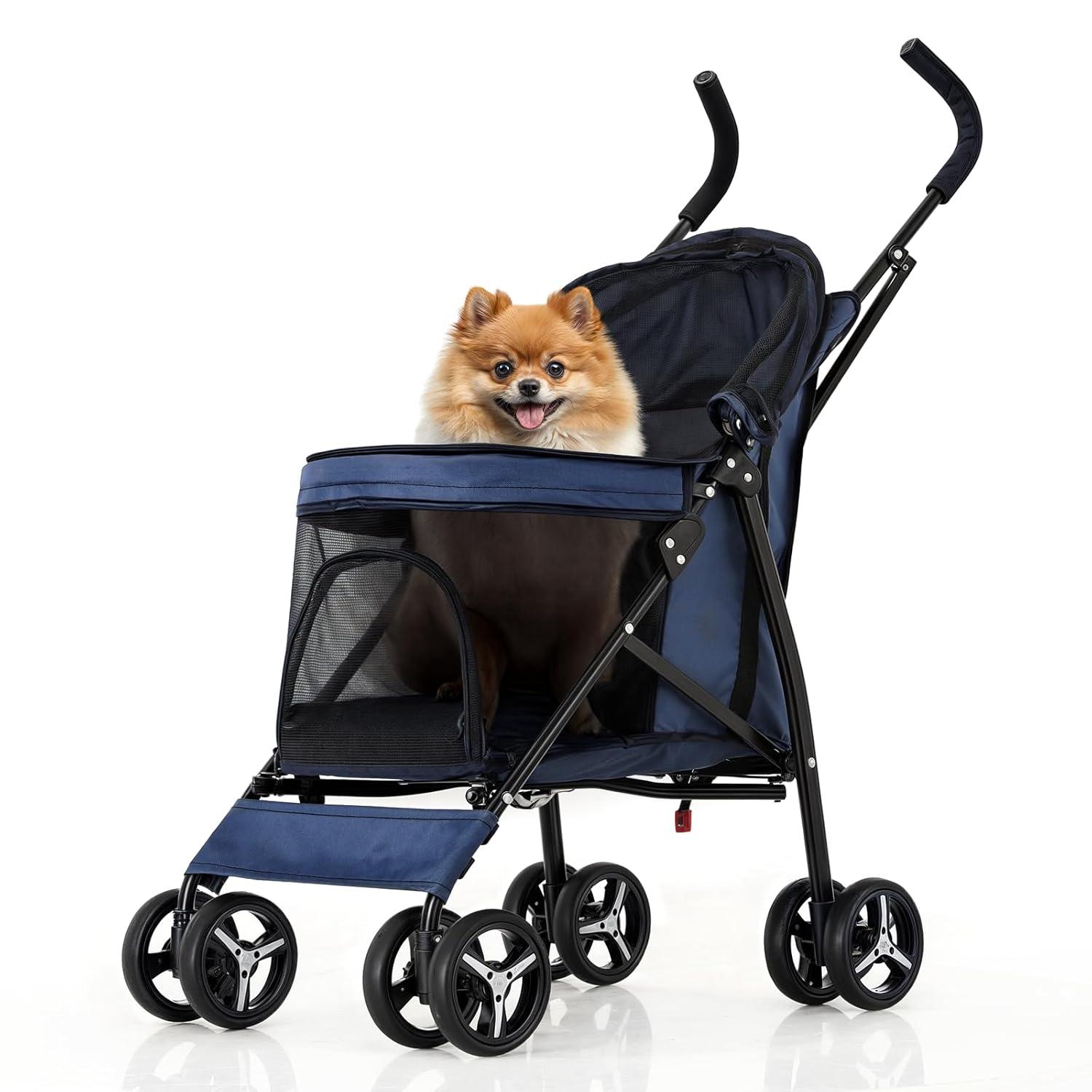MoNiBloom 4 Wheel Folding Pet Stroller, Foldable Dog Jogger Stroller with Adjustable Canopy and Mesh Window