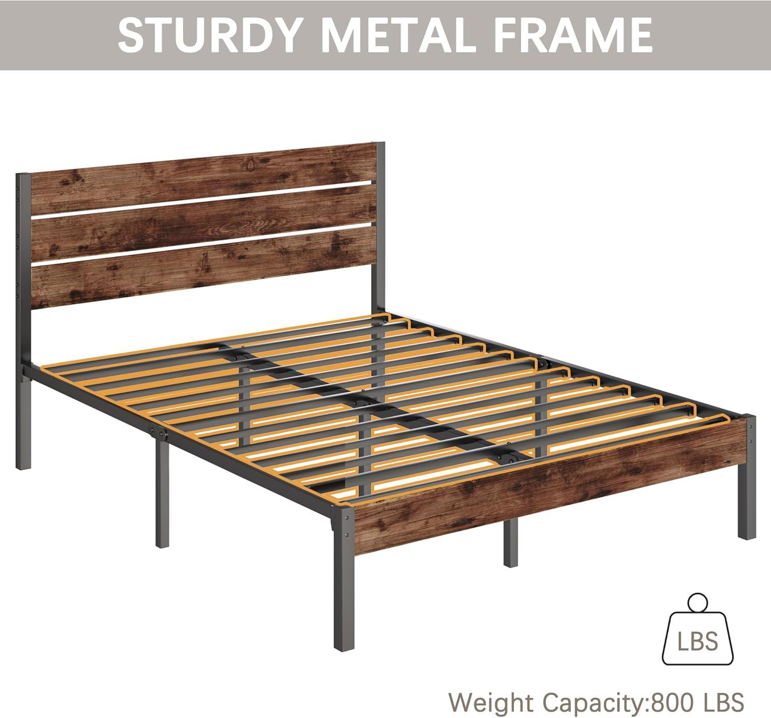 U-SHARE Queen Bed Frame with Headboard and Footboard, with Under Bed Storage, All-Metal Support System, No Box Spring Needed, Easy Assembly,Rustic Brown