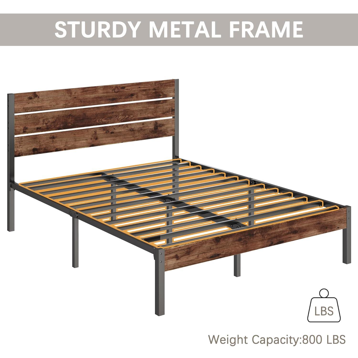 U-SHARE Queen Bed Frame with Headboard and Footboard, with Under Bed Storage, All-Metal Support System, No Box Spring Needed, Easy Assembly,Rustic Brown