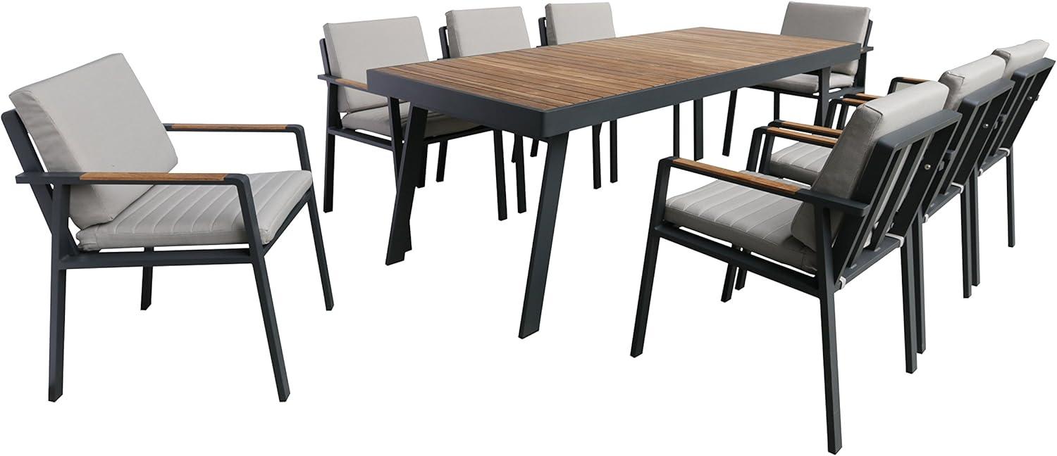 Armen Living Nofi Outdoor Patio Dining Chair in Charcoal Finish with Taupe Cushions and Teak Wood Accent Arms  - Set of 2