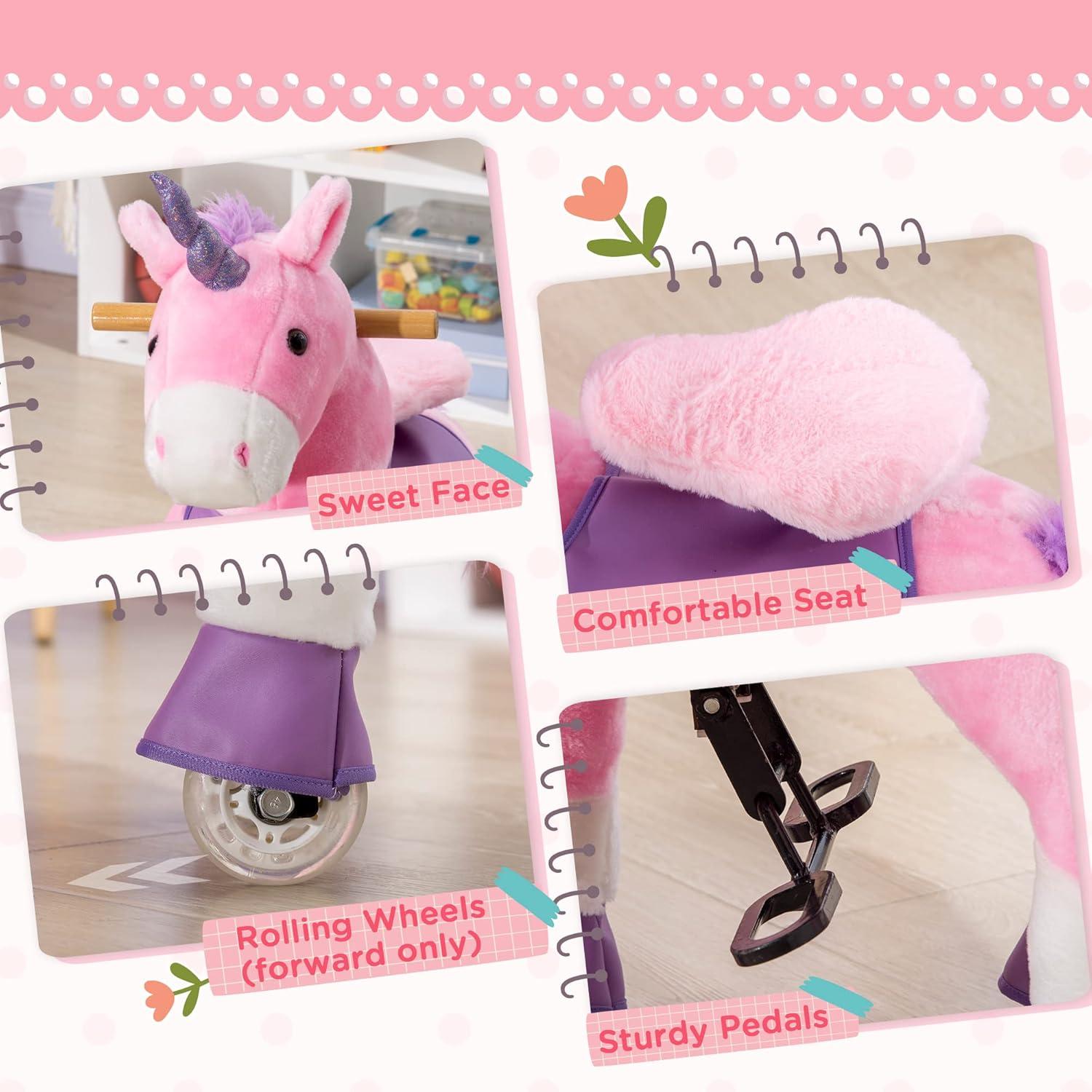 Qaba Ride On Real Walking Unicorn with Sparkly Horn, Soft Plush Ride On Rocking Horse Bearing 176lbs, Imaginative Interactive Toy for Kids, Unicorn Gifts