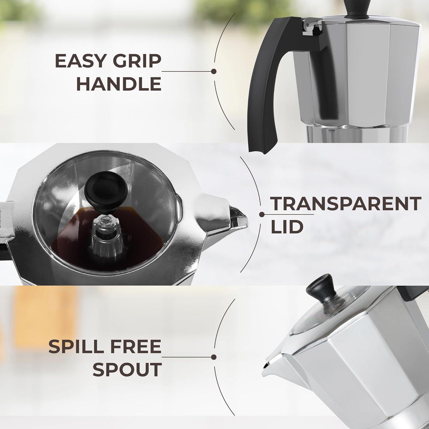 Espresso Maker by Cafe Du Chateau (313.5ml) Transparent Top Lid, High Gloss Finish, Free Coffee Clip Spoon, Coffee Percolator
