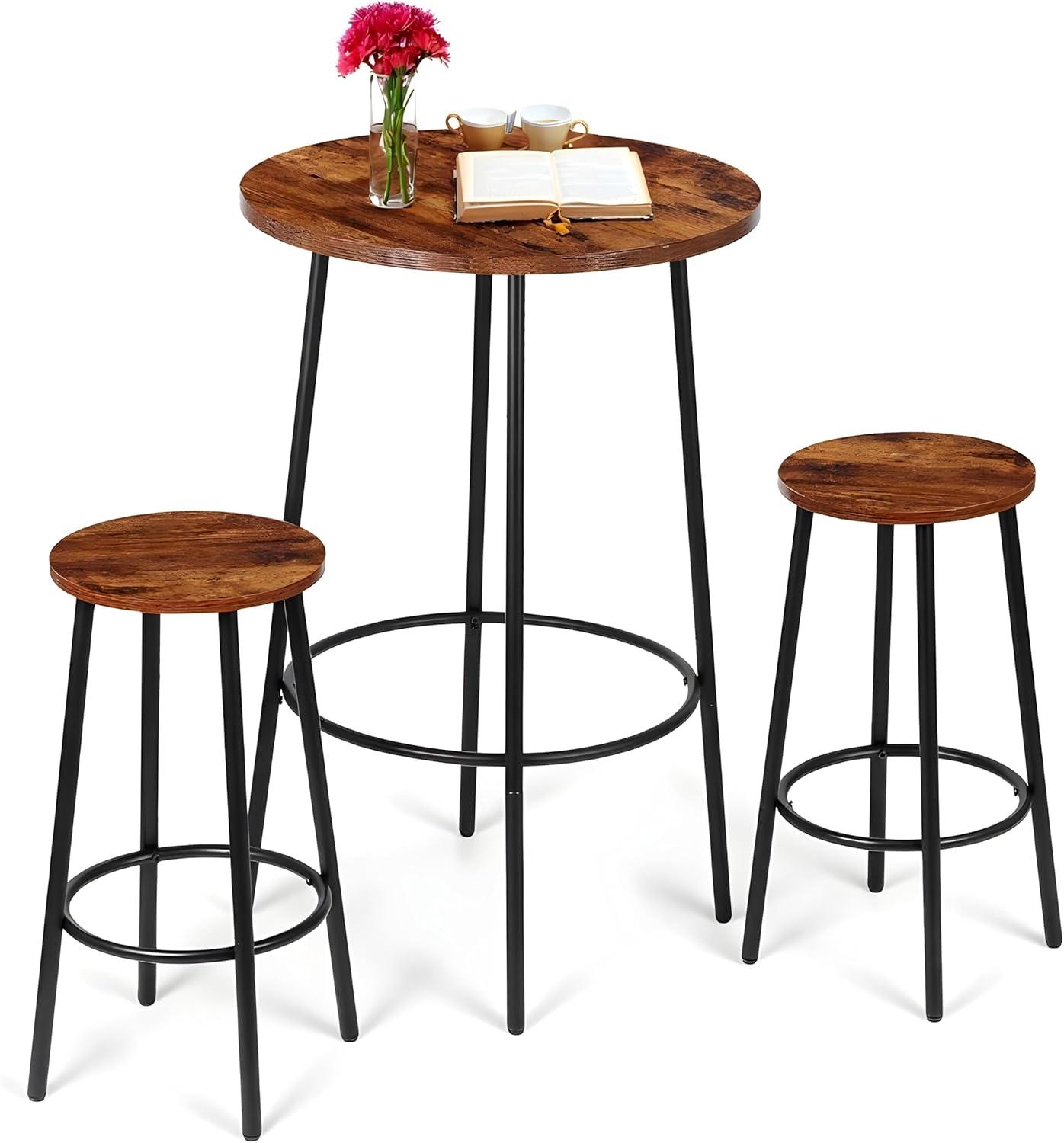 ZENSTYLE 3 Piece Pub Dining Table Set Wooden Round Breakfast Tables w/2 Bar Chairs Stools Brown