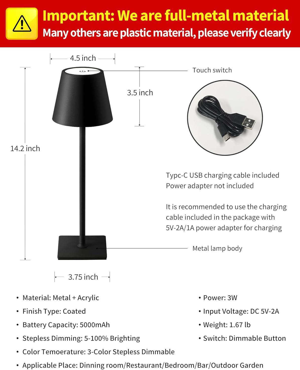 KDG 2 Pack Cordless Table Lamp,Portable LED Desk Lamp, 5000mAh Battery Operated, 3 Color Stepless Dimming Up, for Restaurant/Bedroom/Bars/Outdoor Party/Camping/Coffee Shop Night Light(Black)