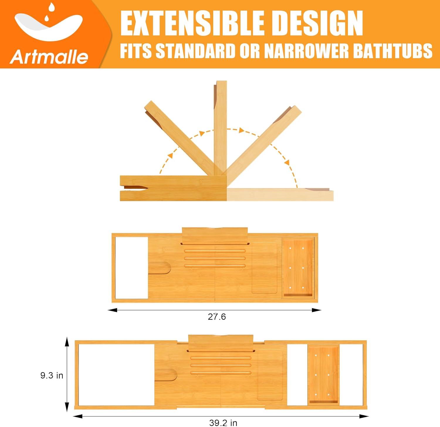 Premium Bathtub Caddy Tray,Expandable Bamboo Bath Tray for Tub,Foldable Minimalist Bathroom Accessories with Book Stand for Home Spa Relaxing,Unique House Warming Gifts,Natural