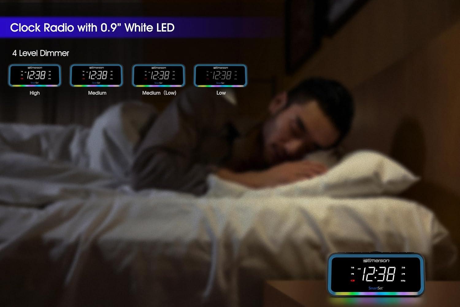 Emerson SmartSet AM/FM, Dual Alarm Clock Radio, 0.9" White LED, USB-C Charging and Multi-Color LED Decor, CKS1401