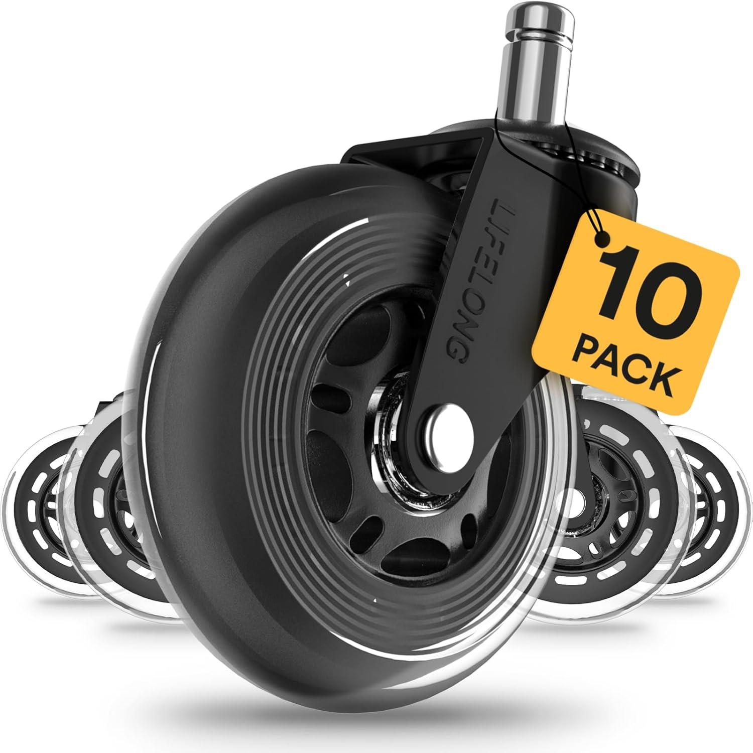 Lifelong Office Chair Caster Wheels for Hardwood Floors and Carpet, Heavy Duty, Universal Fit - Black