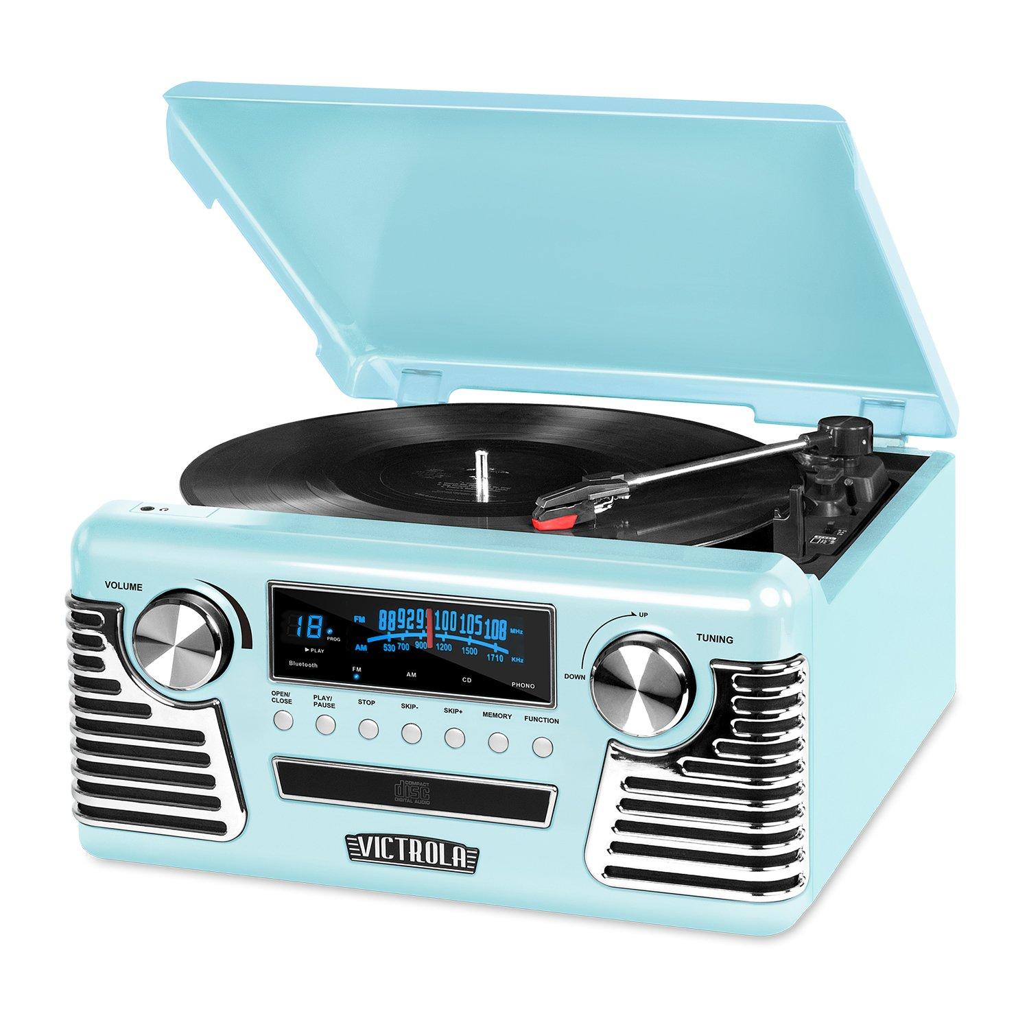 Victrola Haley Retro 3-Speed Bluetooth Analog Tuner Record Player - Teal: Belt Drive, AM/FM, CD
