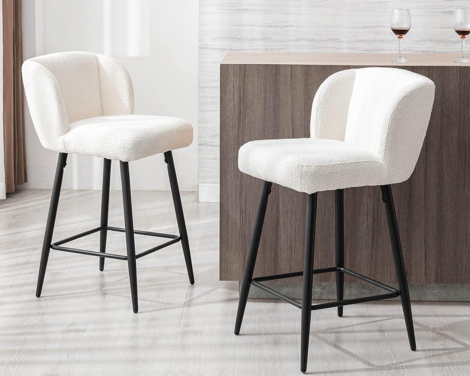 Modern Counter Height Bar Stools Set of 2, 26 Inch Faux Sherpa Upholstered Bar Stools with Back, 18" Seat Wide Island Stools with Black Metal Frame for Kitchen Counter/Breakfast Bar/Restaurant, White