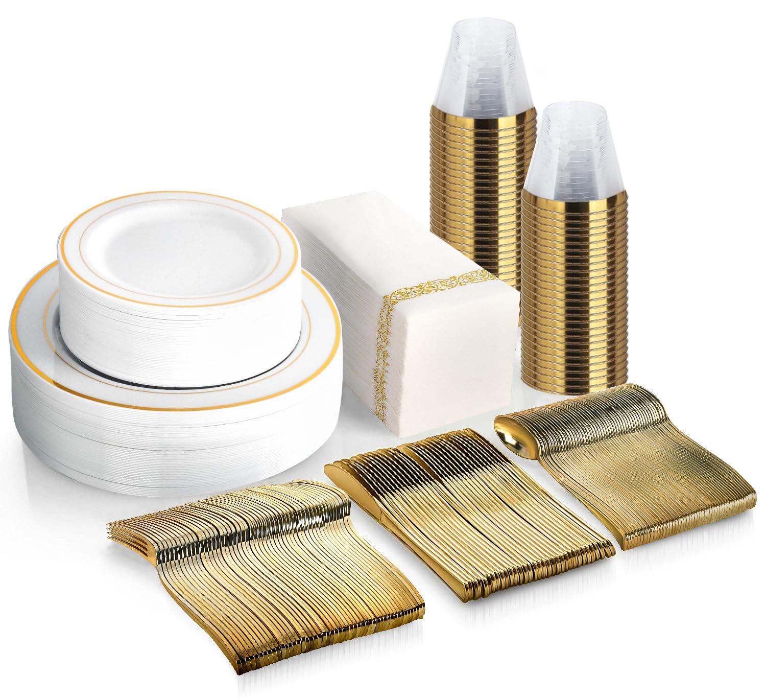 Akmi 350 Piece Gold Plastic Dinnerware Set with Linen Napkins