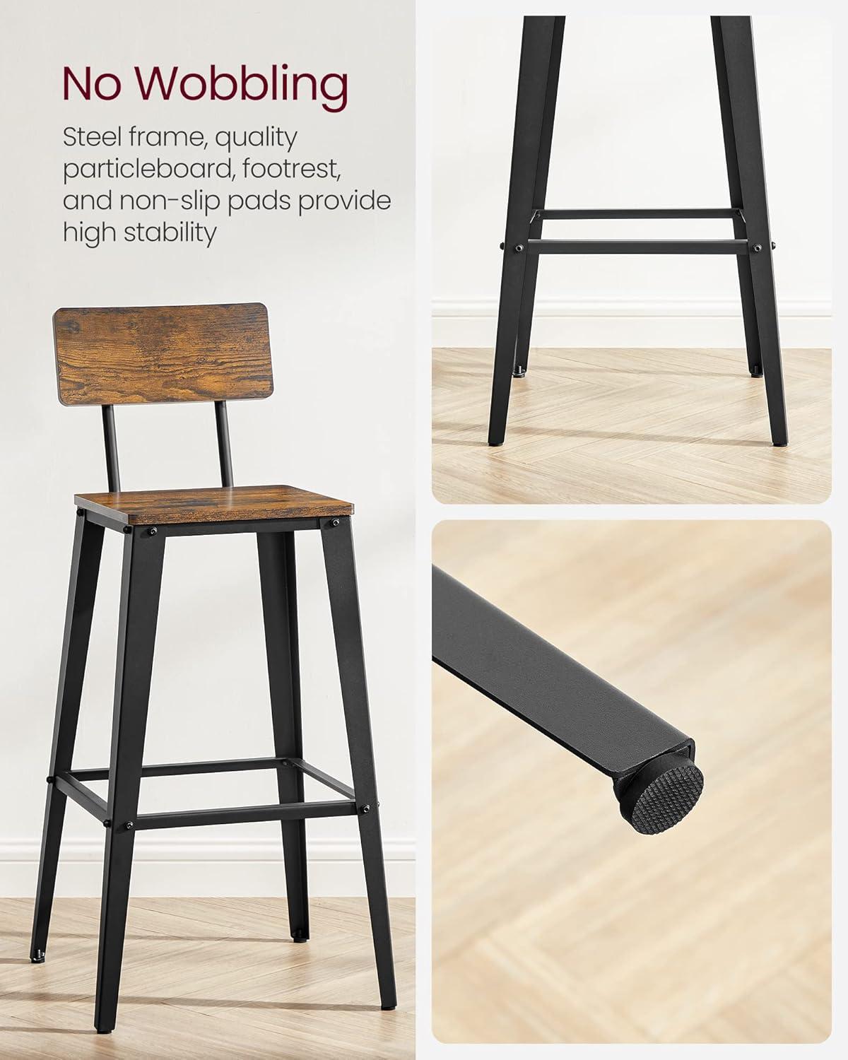 VASAGLE 2 Pack Bar Stools, Bar Height Stools, Tall Bar Stools with Back, Rustic Brown and Black