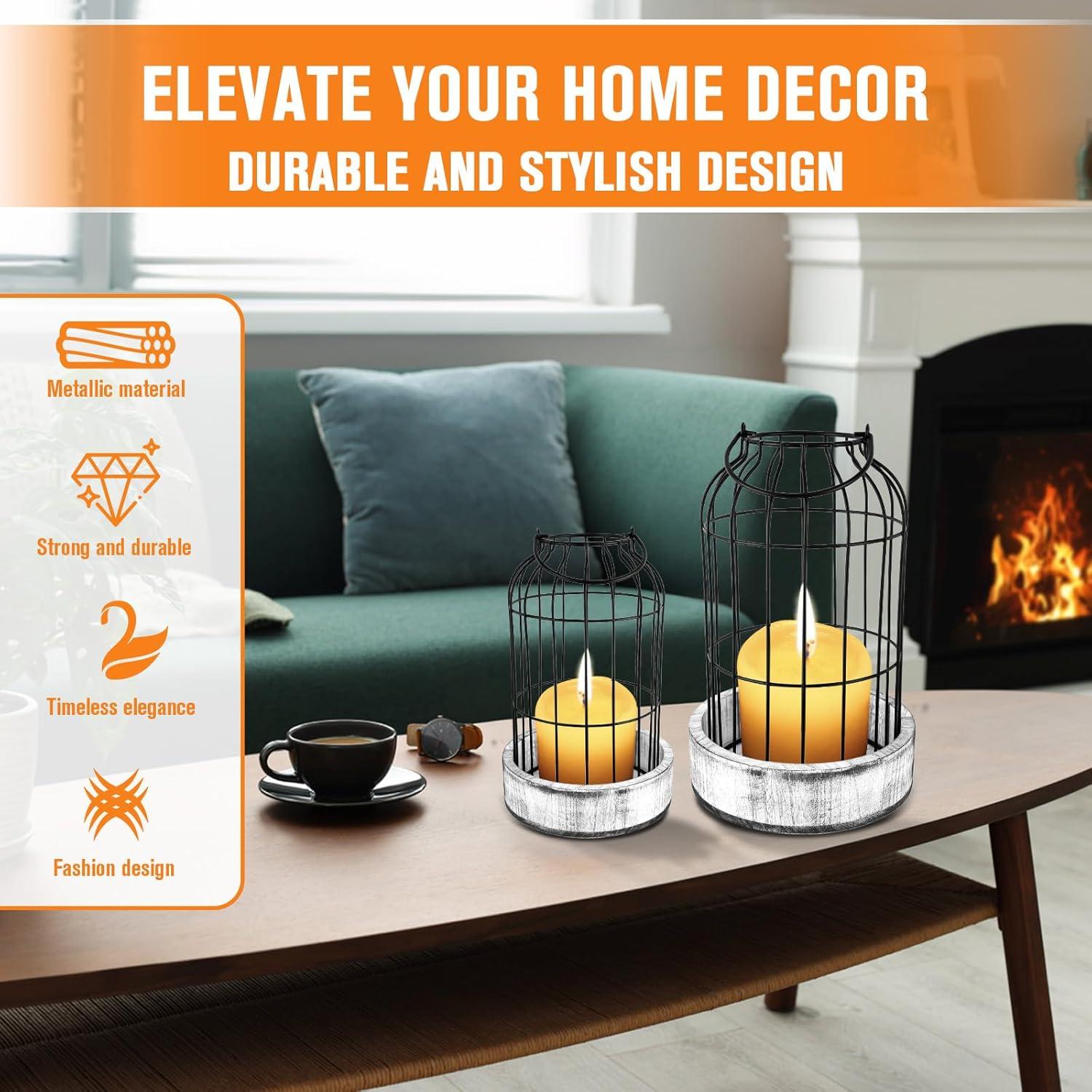 Rustic Farmhouse Lantern Decor Set of 2 - Stylish Decorative Lanterns for Your Living Room, Fireplace Mantle or Kitchen Dining Table - Modern Upscale Beauty for Your Entire Home
