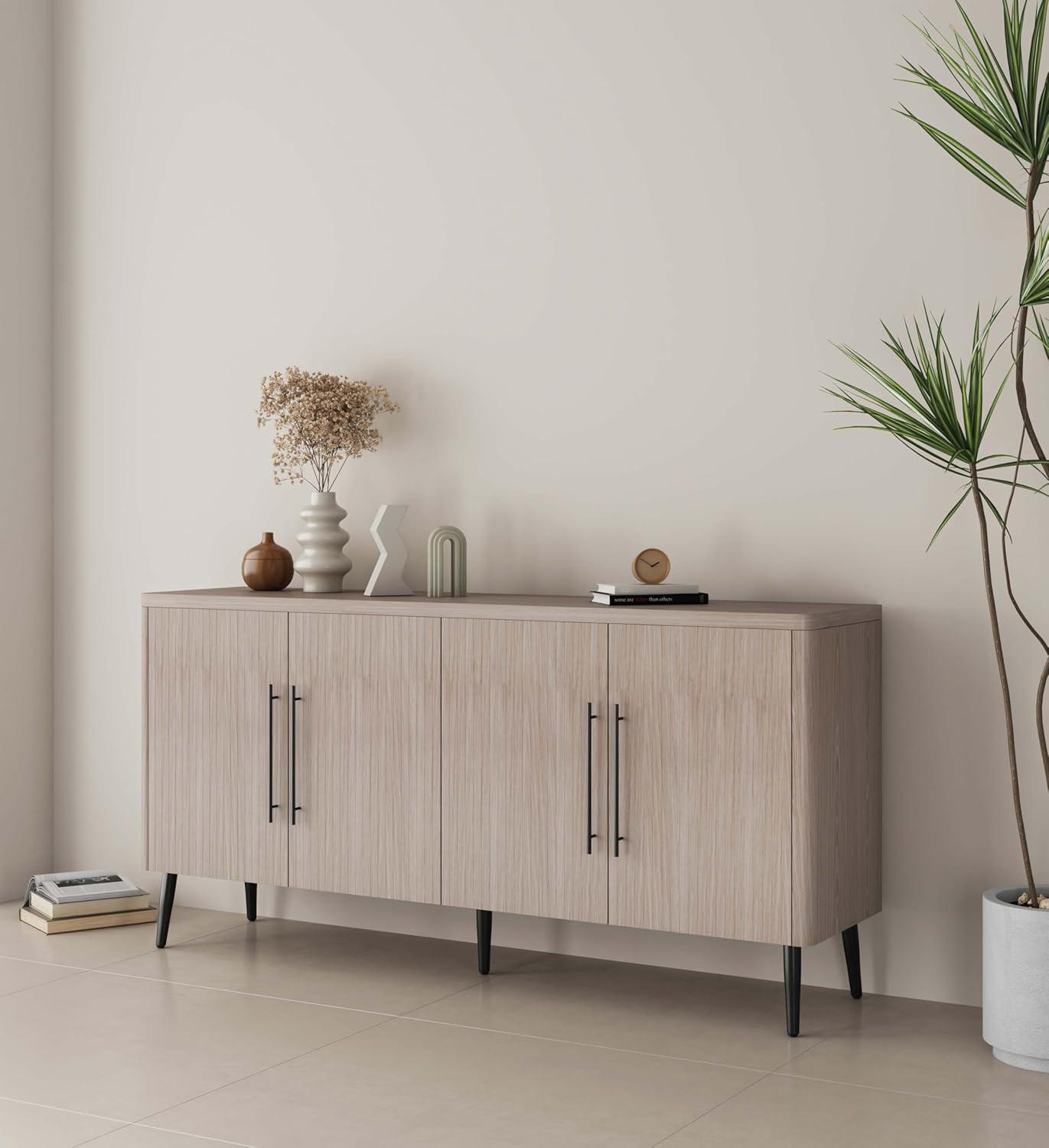Manhattan Comfort Jodie 65" Mid-Century Modern Sideboard with 8 Adjustable Shelves in Whitewashed Oak