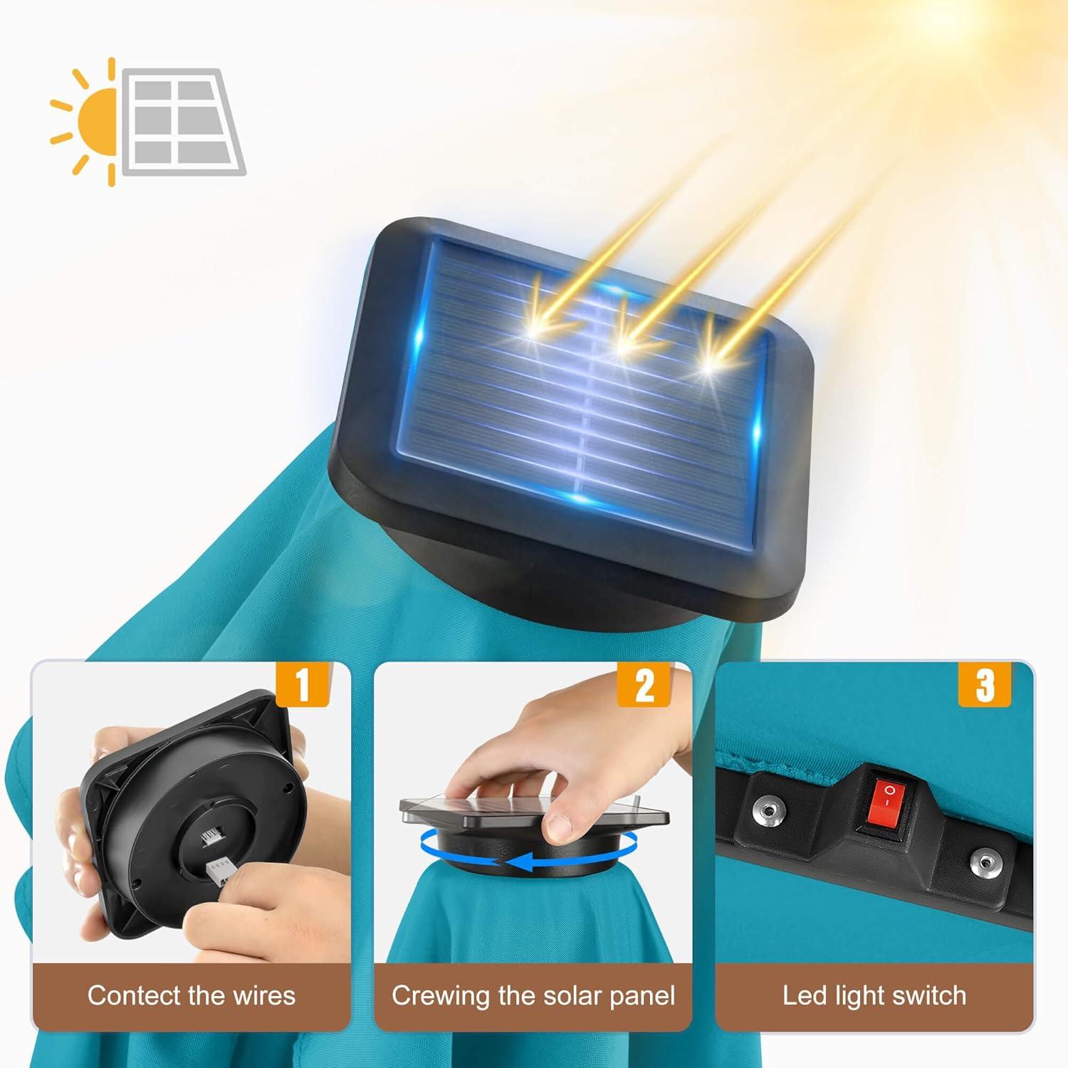 FLAME&SHADE 9 ft Half Round Solar Powered Outdoor Market Patio Table Umbrella for Wall Balcony with LED Lights and Tilt, Aqua Blue