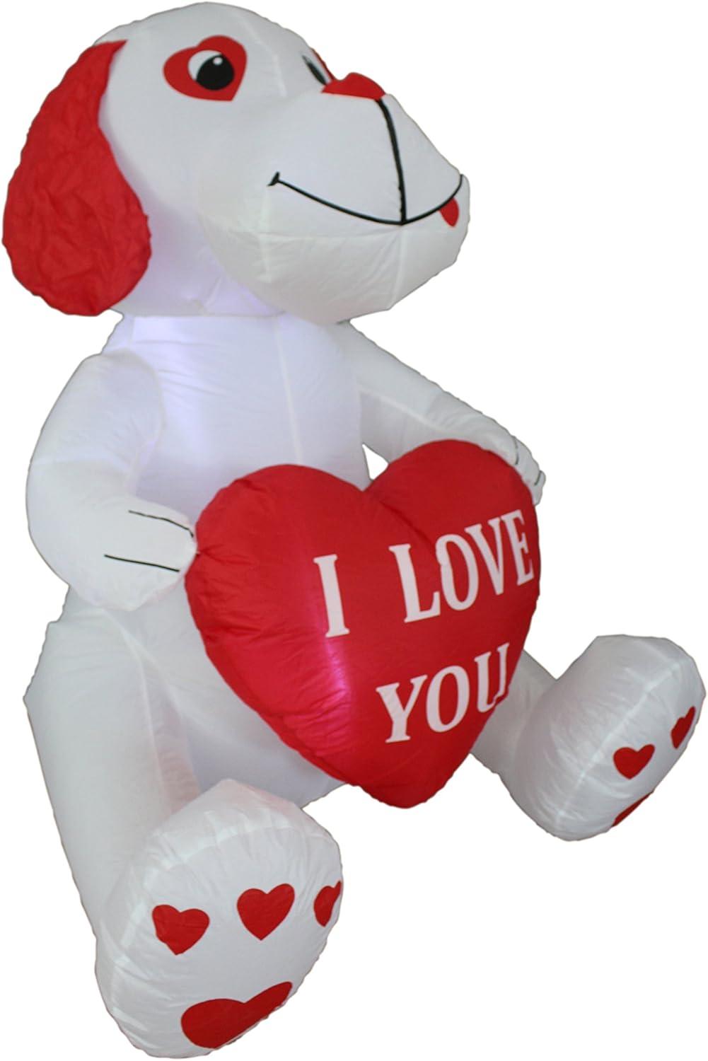 The Holiday Aisle® 4 Foot Tall Lighted Happy Valentine's Inflatable Cute White Puppy Doggy with I Love You Heart Indoor / Outdoor Blow Up Yard Decoration