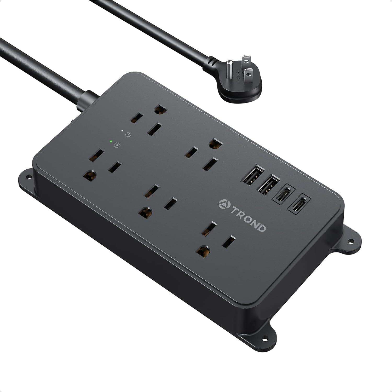 TROND Power Strip Surge Protector, ETL Listed, 15A, 5 Wide Spaced Outlets with 3 USB Ports, Wall Mountable, Flat Plug 5ft Extension Cord, 1300J, 14AWG Heavy Duty, for Office Kitchen, Black