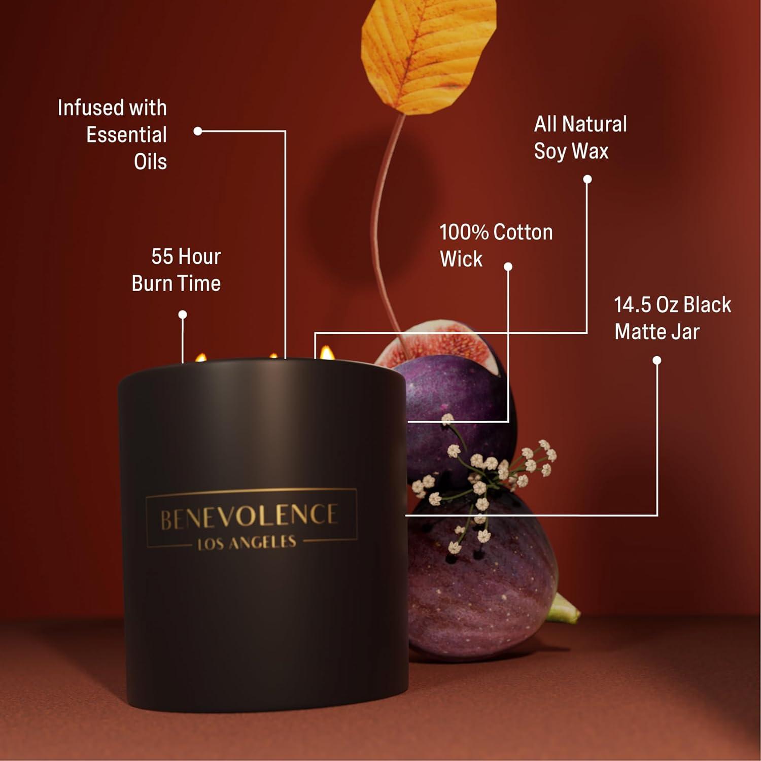 Benevolence LA Premium All Natural Soy 3 Wick Candles In Matte Black Glass Jar - Fig Tree Scent (14.5 oz)