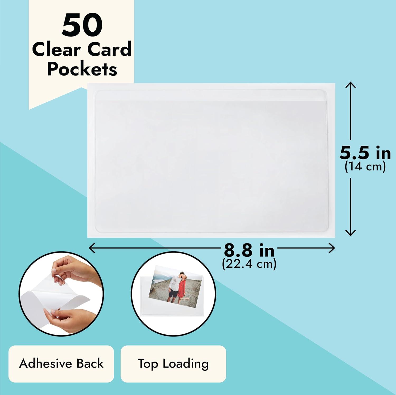 50-Pack Clear Adhesive Pockets Sleeves 5x8 for Index Card and Planners, Bulk Top Load Plastic Label Holder Protector for Photos, Note Cards, Office Supplies, Small Business