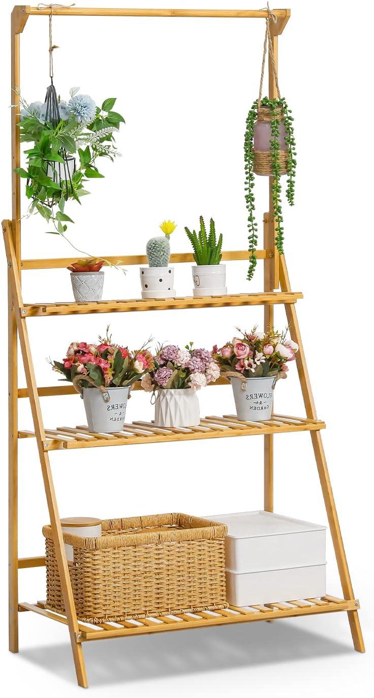 Bamboo 3 Tier Plant Stand Triangular Flower Pot Holder With Hanging Basket