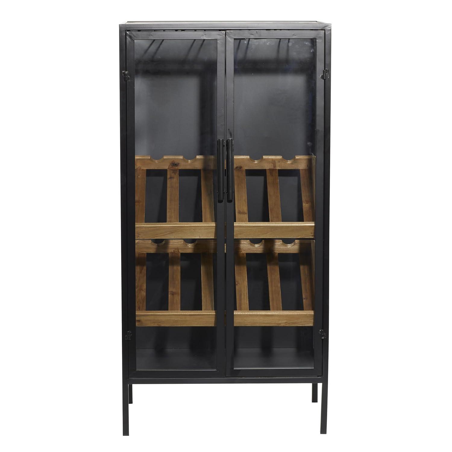 DecMode 21" x 40" Black Metal 10 Bottle Standing Wine Rack with Wine Glass Holders and Wood Accents, 1-Piece