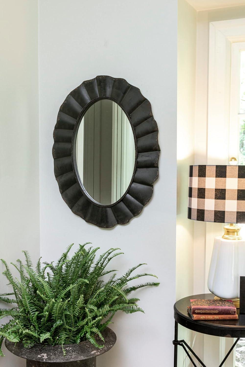 Creative Co-Op Distressed Metal Scalloped Oval Wall Mirror, Black