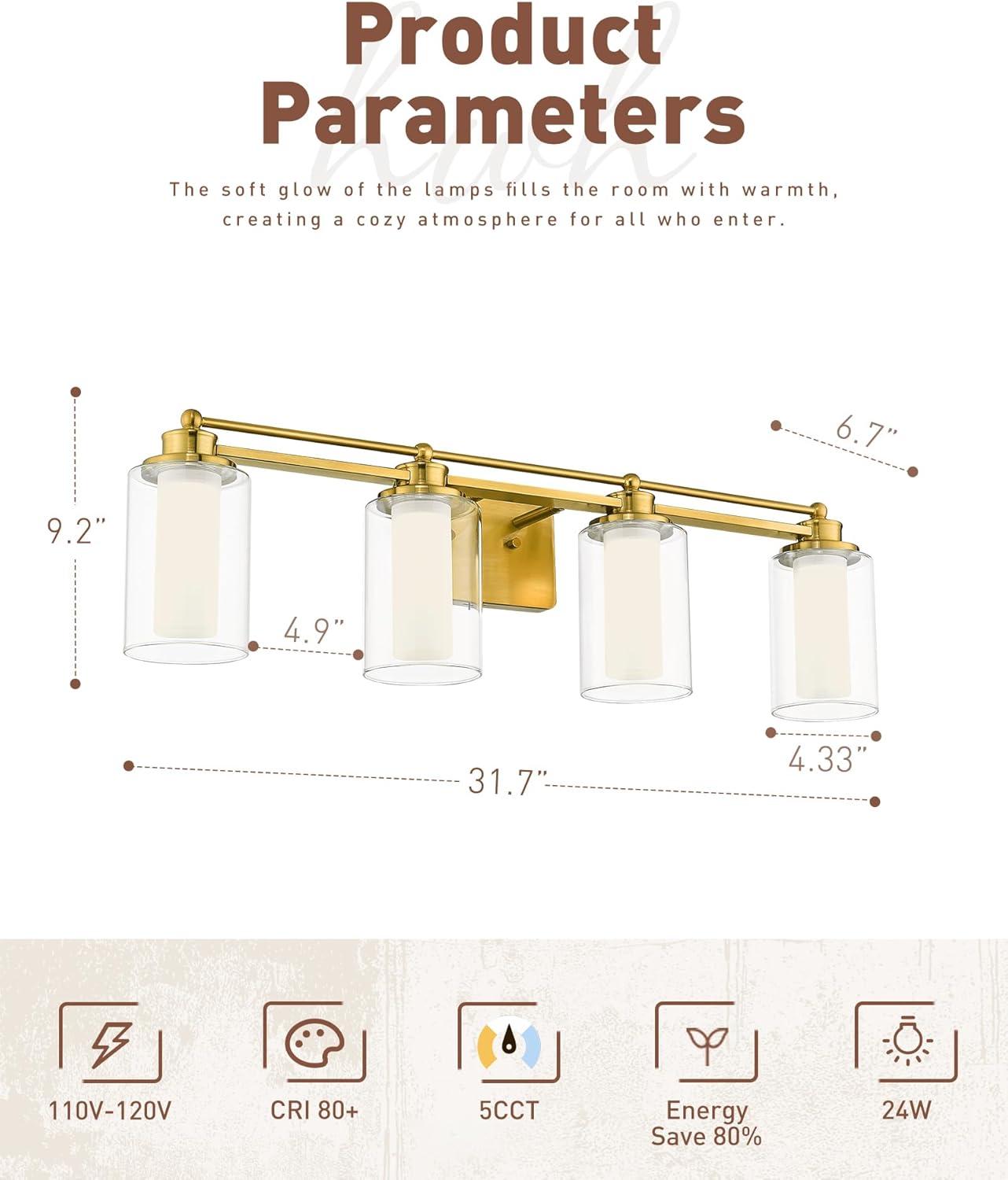 4 Light Bathroom Vanity Light, HWH Brushed Gold Vanity Lights for Bathroom Brass Bathroom Light Fixtures Clear Glass, Dimmable LED Vanity Lights for Mirror 24W 5CCT, 5HLT63B-4W-LED BG