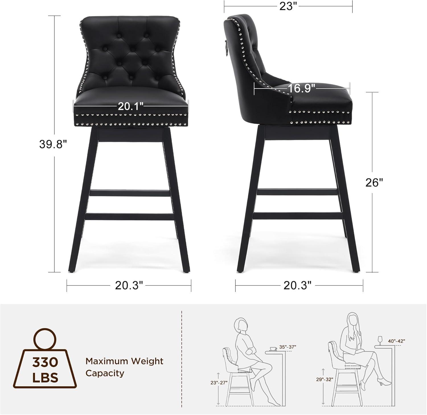 Dycanpo 26'' Swivel Bar Stools Set of 2, Upholstered Barstool with Footrest for Kitchen,Black-Faux Leather
