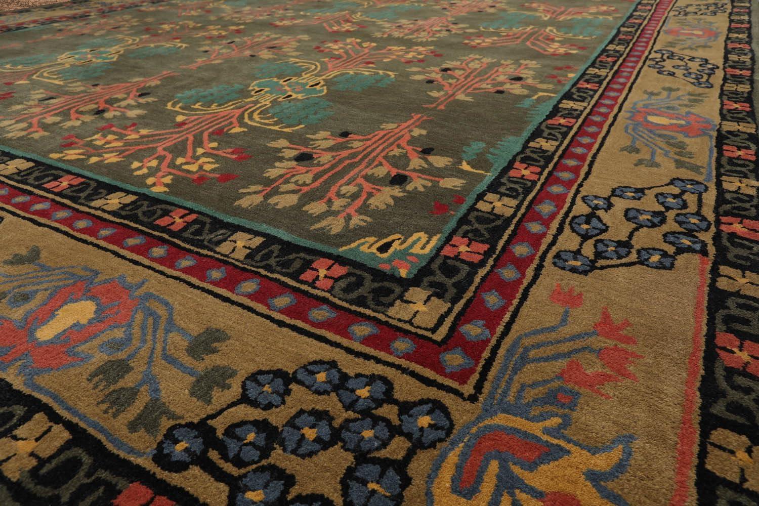 Handmade Gray and Green Wool Oriental 9' x 12' Area Rug