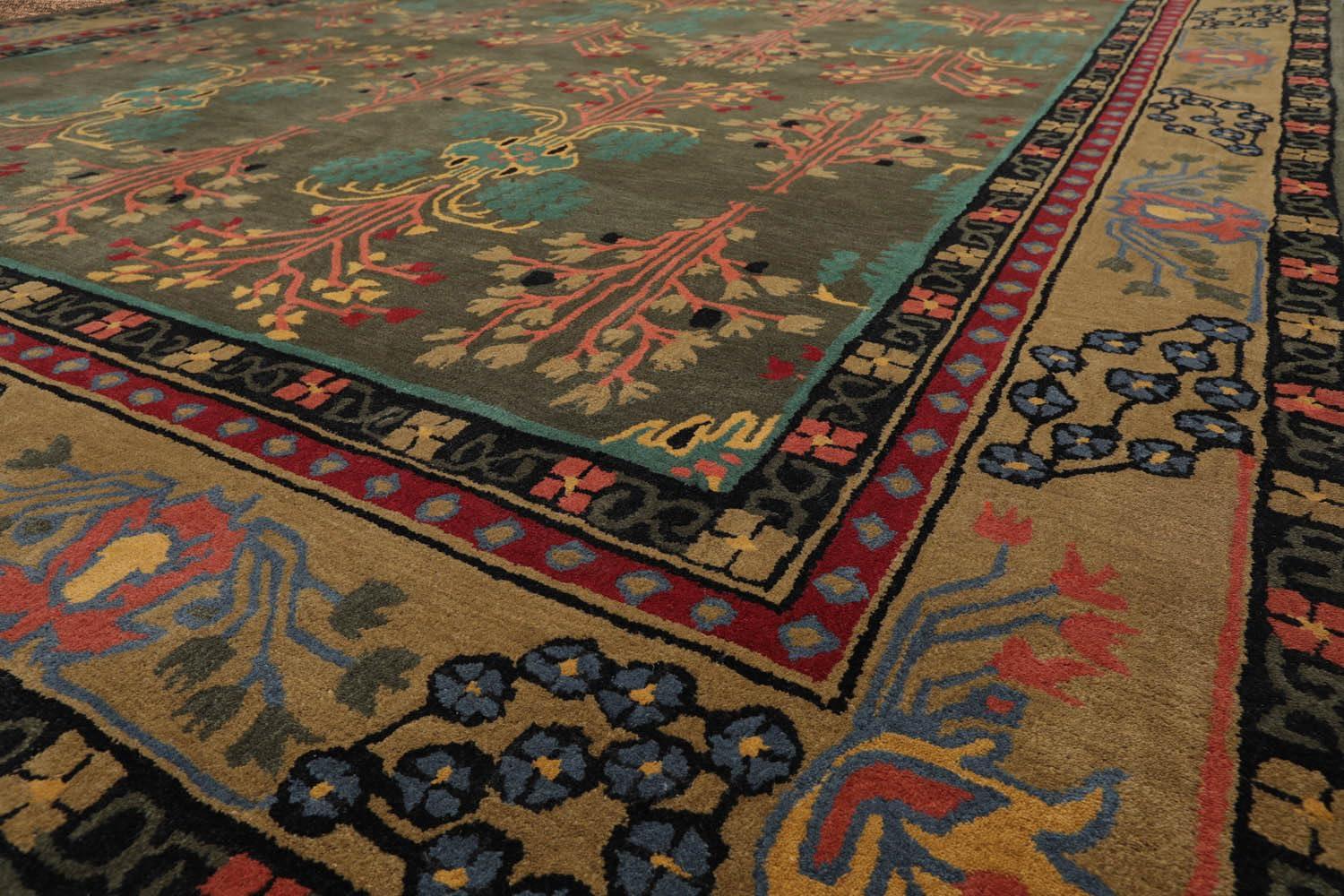 Handmade Gray and Green Wool Oriental 9' x 12' Area Rug