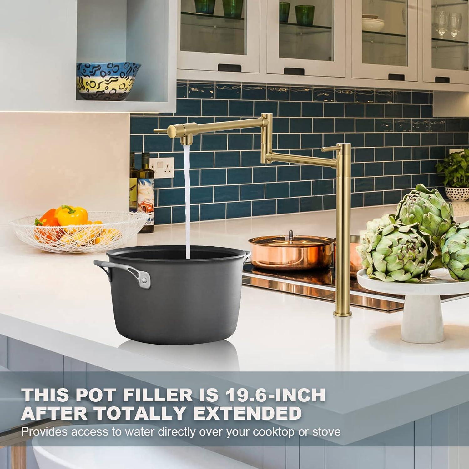 Pot Filler Faucet Wall Mount Kitchen Sink Faucet Stove Pot Filling Faucet with Double Joint Swing Arms Folding Faucet, Solid Brass Material, Lead-Free, Single Hole, Brushed Gold