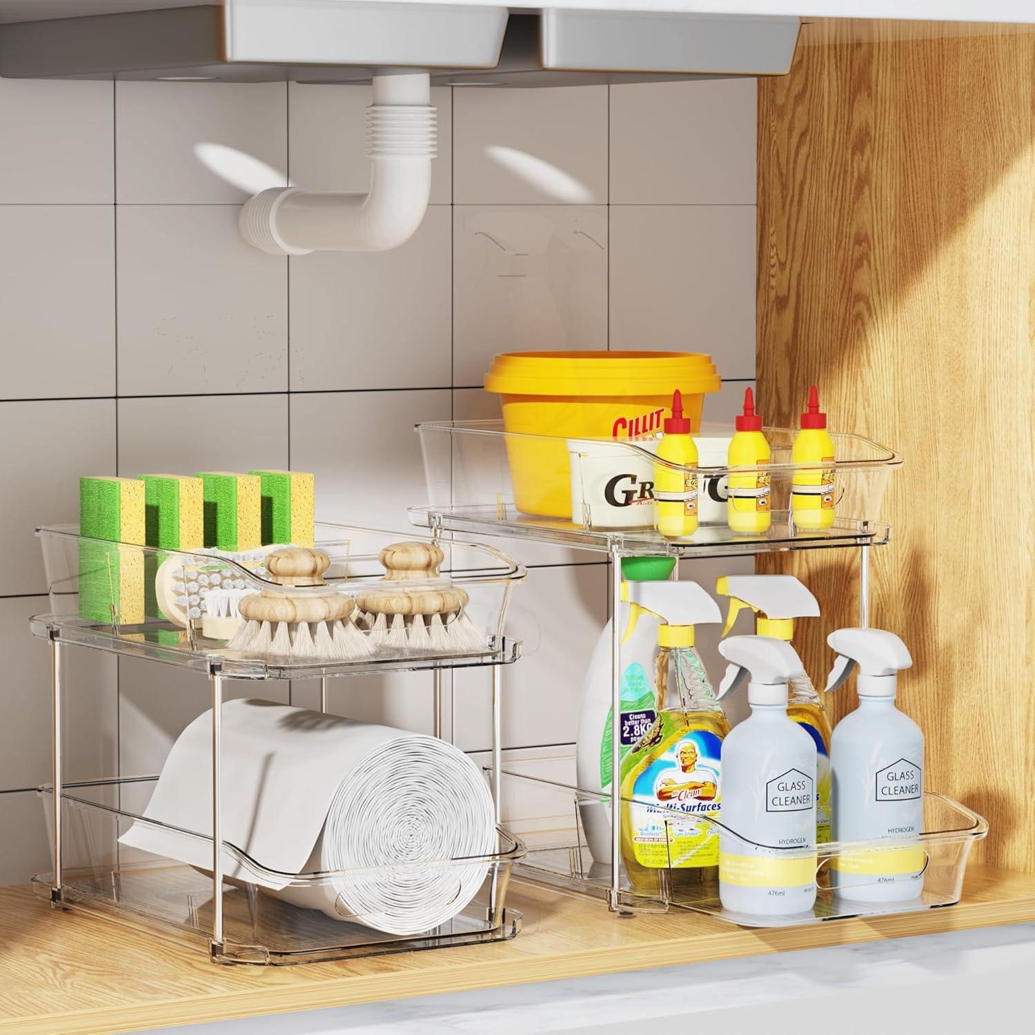 THE GLAMOUR BOUTIQUES 2 Sets Of 2-Tier Clear Under Sink Organizers And Storage, Multi-Purpose Stackable Bathroom Cabinet Organizers, Pull Out Kitchen Pantry Organization And Storage With Dividers