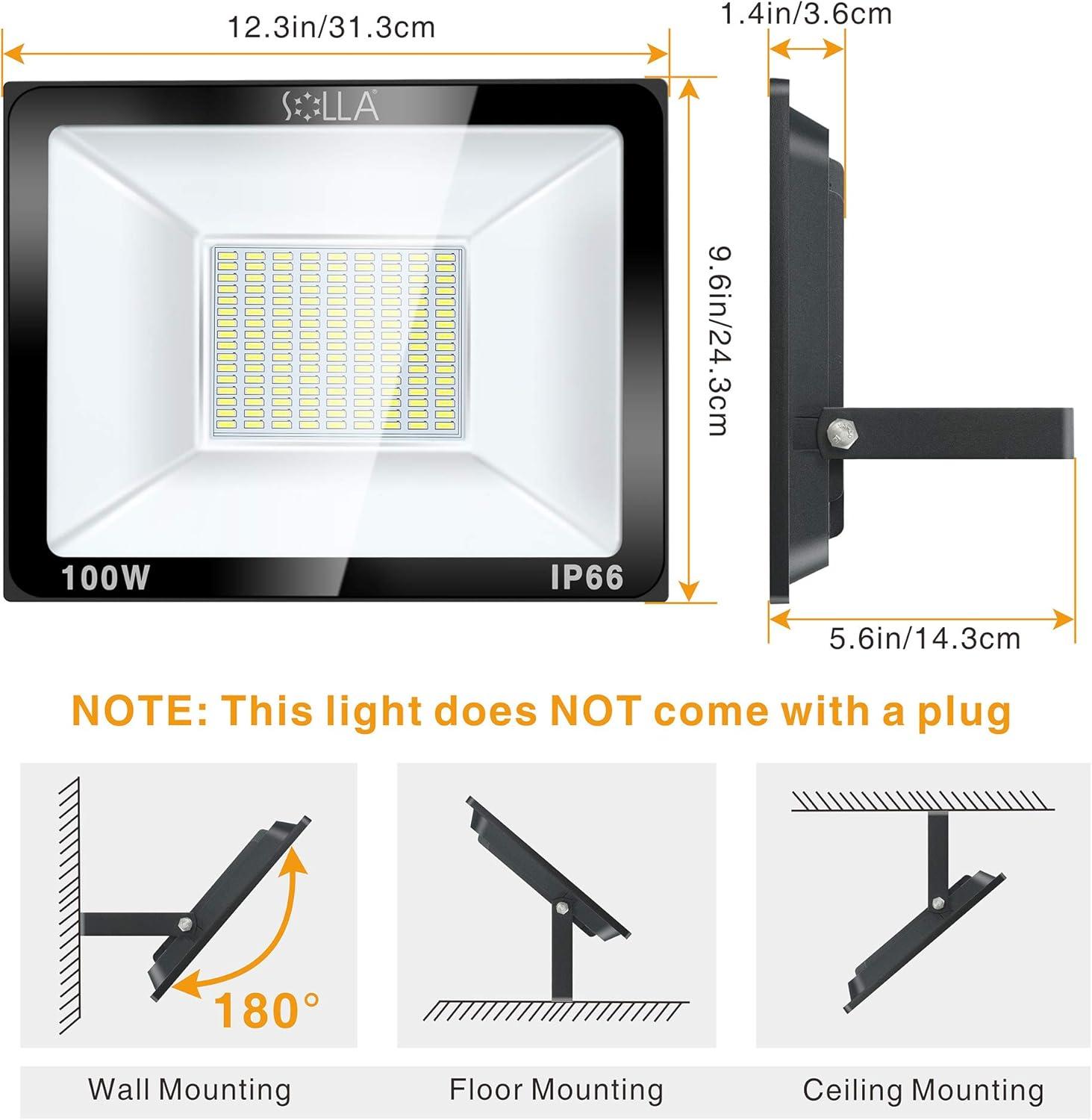 SOLLA 2 Pack 100W LED Flood Light Outdoor, 8000LM Super Bright Security Lights, 550W Equivalent, IP66 Waterproof, 3000K Warm White, Outside Floodlight for Garage, Garden, Lawn and Yard