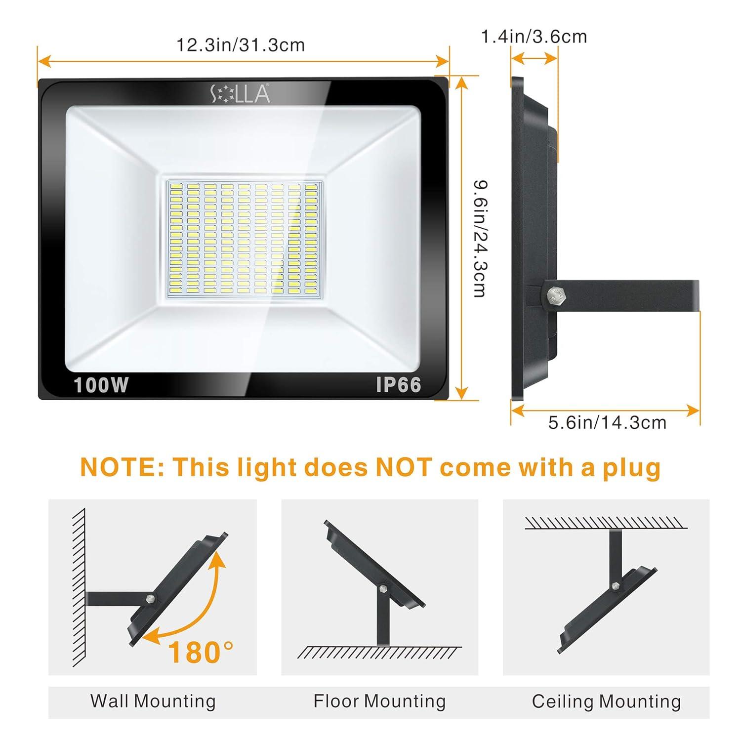 SOLLA 2 Pack 100W LED Flood Light Outdoor, 8000LM Super Bright Security Lights, 550W Equivalent, IP66 Waterproof, 3000K Warm White, Outside Floodlight for Garage, Garden, Lawn and Yard